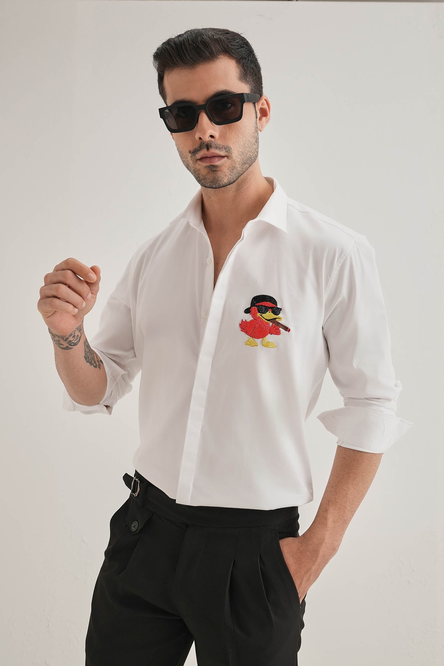 Quackery- Hand Embroidered Designer Shirt - White
