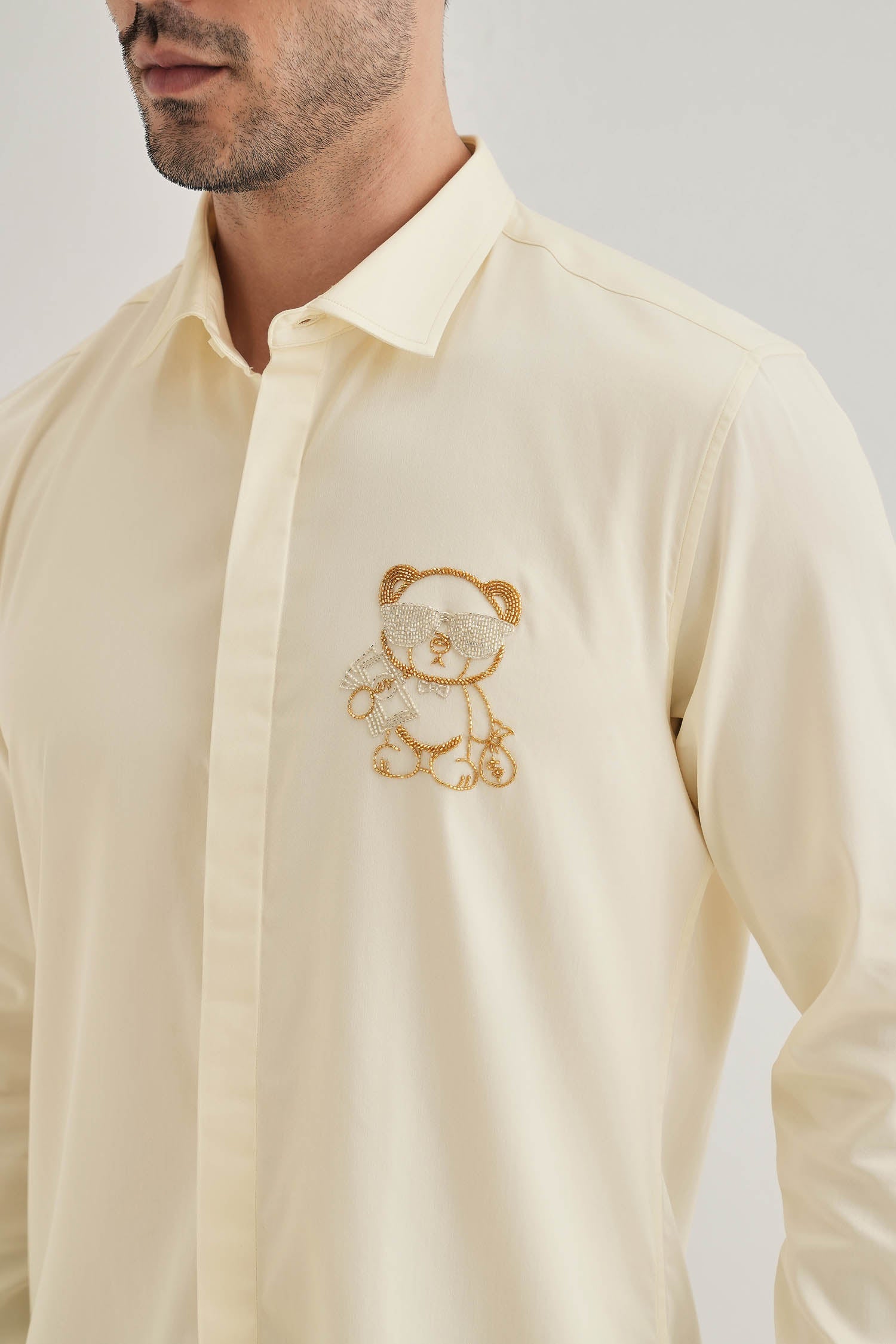 Bear-y-rich - Hand Embroidered Designer Shirt - Ivory