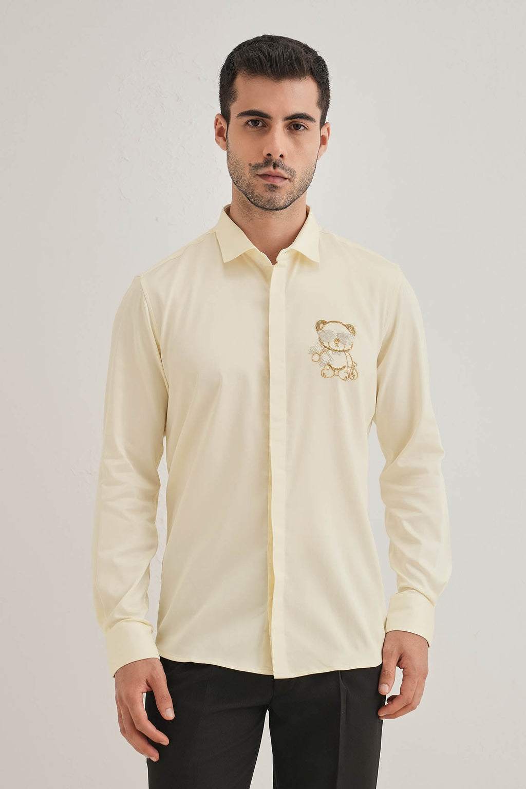 Bear-y-rich - Hand Embroidered Designer Shirt - Ivory