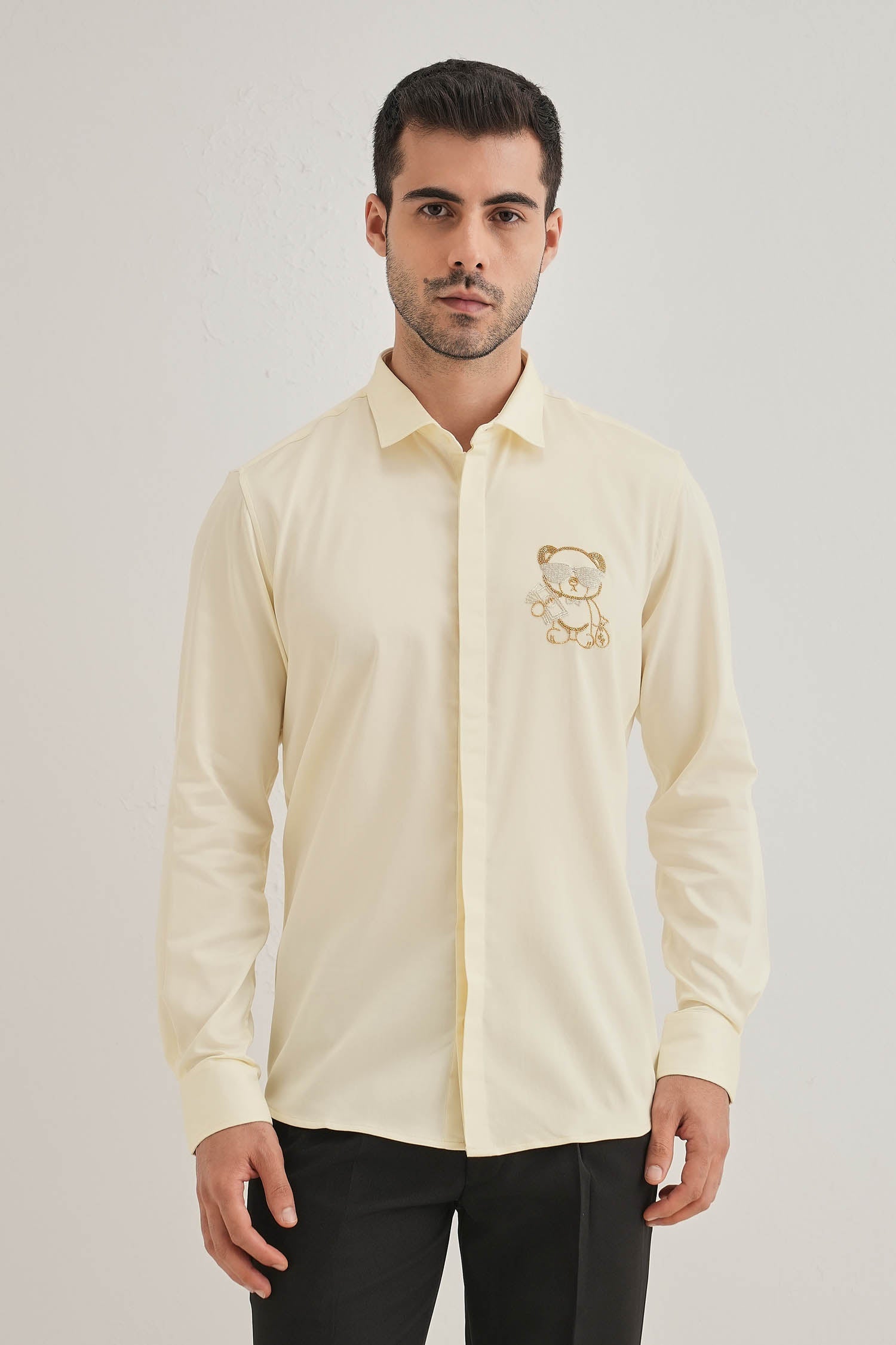 Bear-y-rich - Hand Embroidered Designer Shirt - Ivory