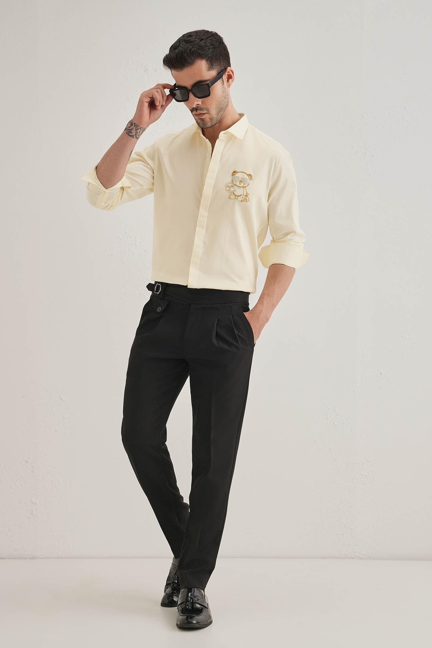 Bear-y-rich - Hand Embroidered Designer Shirt - Ivory