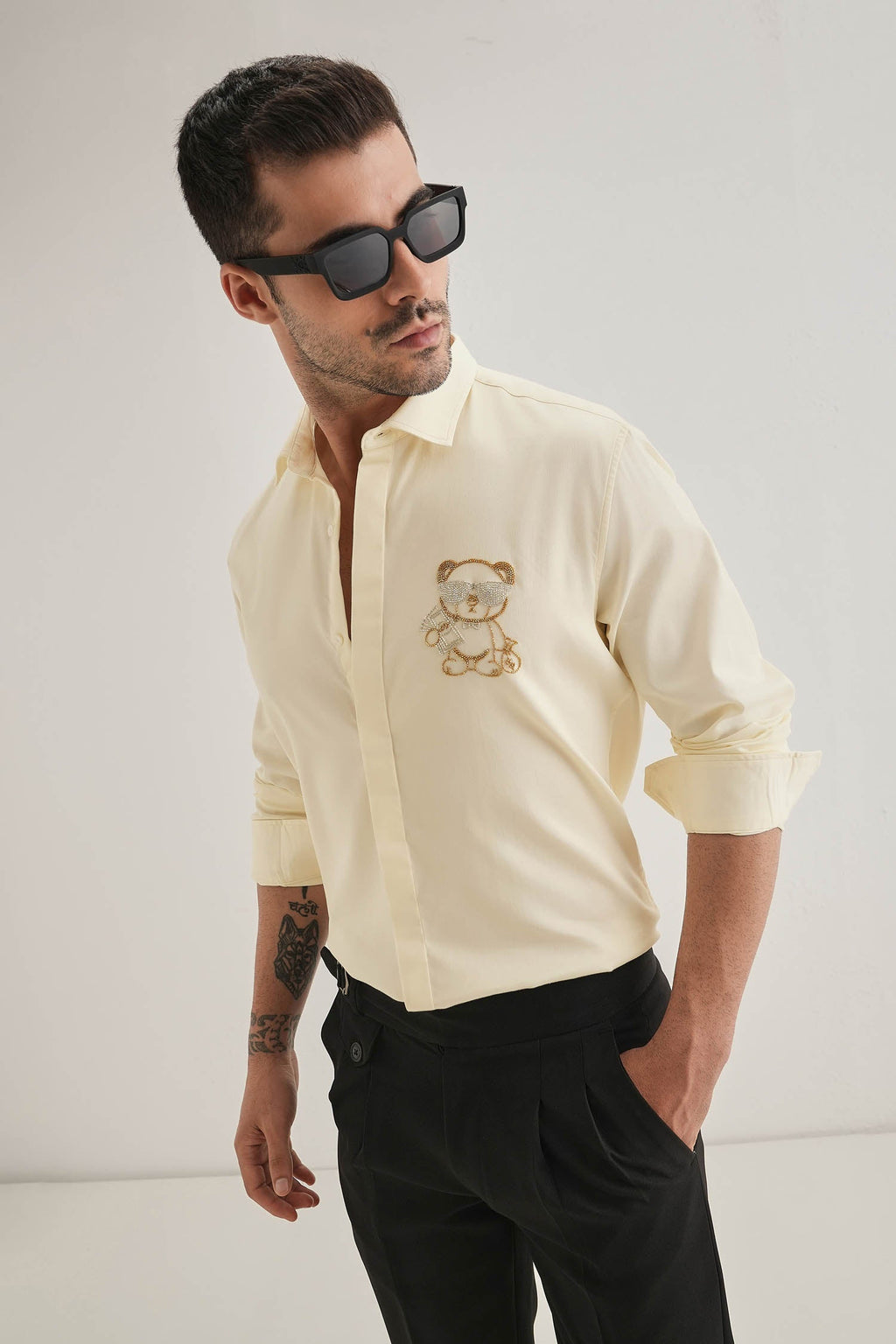 Bear-y-rich - Hand Embroidered Designer Shirt - Ivory