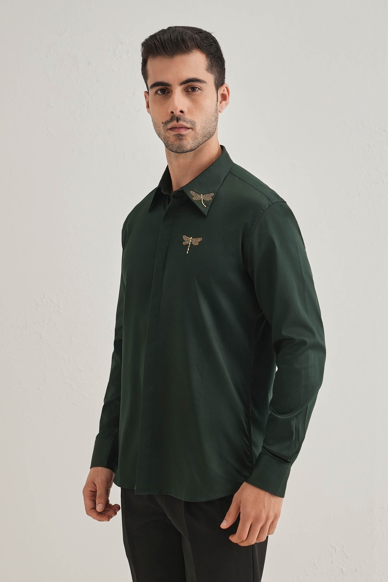 Skeeter(Dragon Fly) Hand Embroidered Designer Shirt - Bottle Green