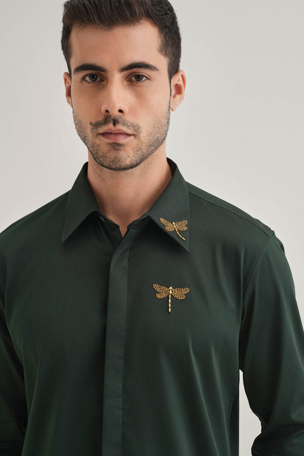 Skeeter(Dragon Fly) Hand Embroidered Designer Shirt - Bottle Green