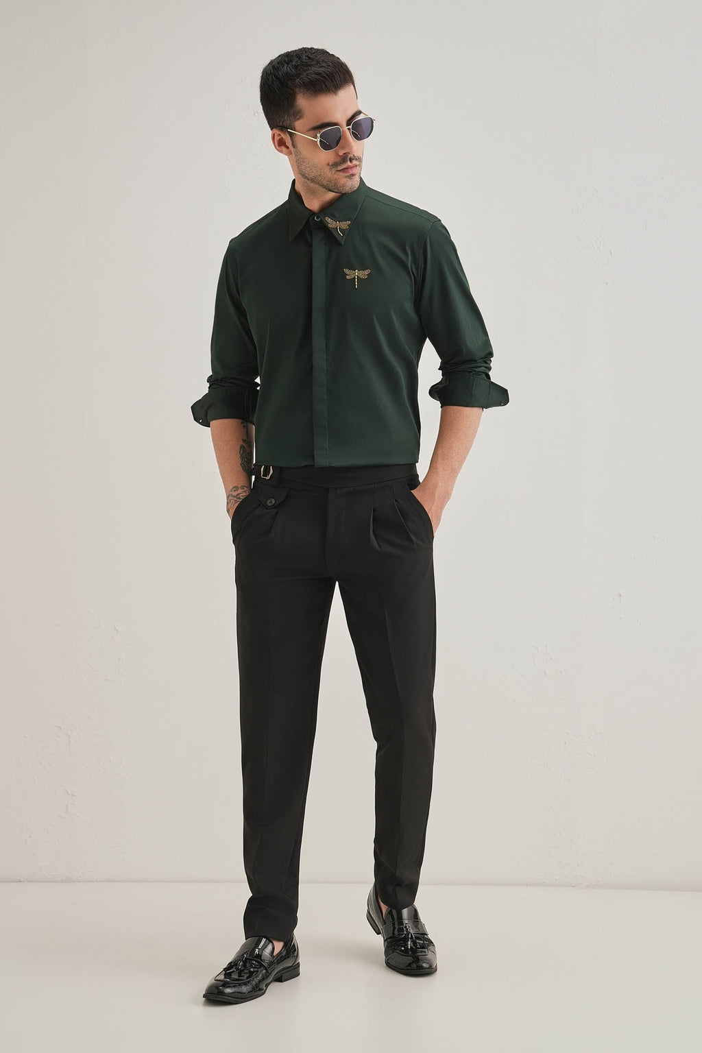 Skeeter(Dragon Fly) Hand Embroidered Designer Shirt - Bottle Green