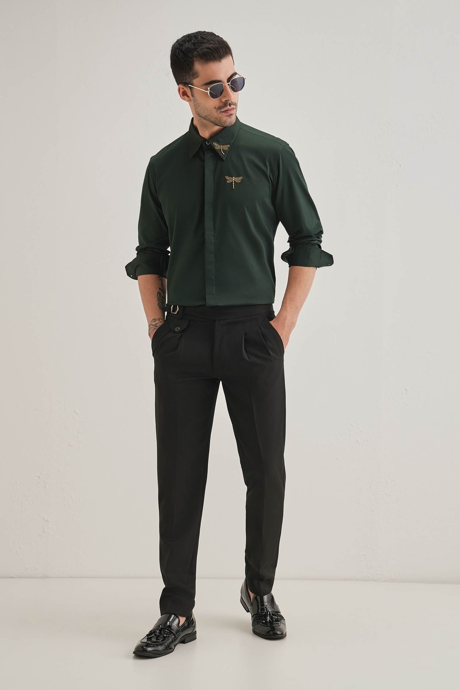 Skeeter(Dragon Fly) Hand Embroidered Designer Shirt - Bottle Green