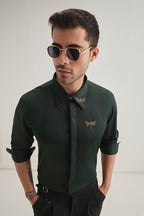 Skeeter(Dragon Fly) Hand Embroidered Designer Shirt - Bottle Green