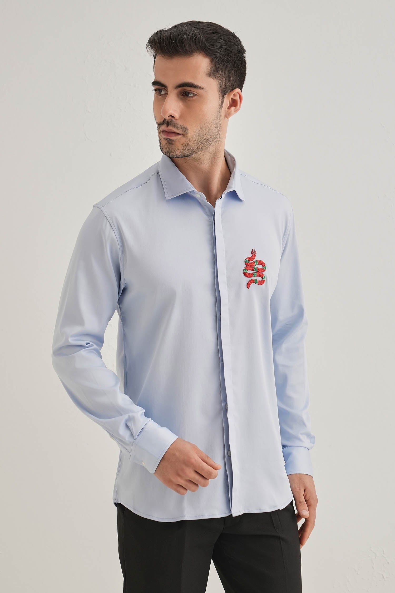 Serpent(Snake)- Hand Embroidered Designer Shirt - Powder Blue