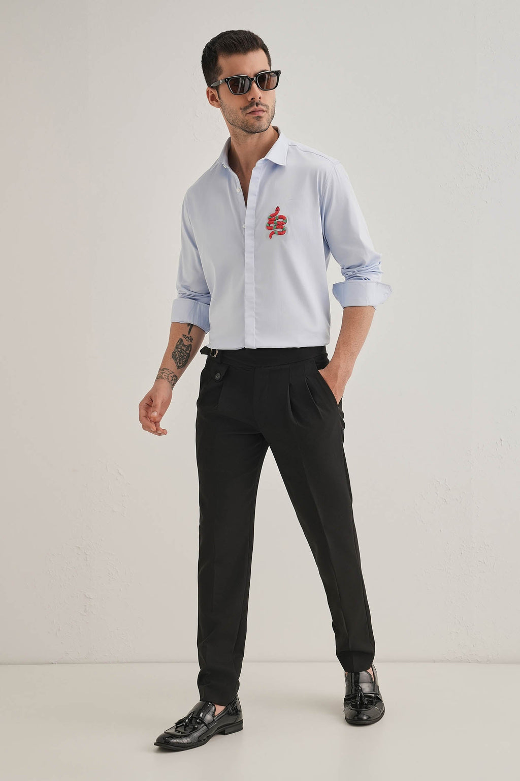 Serpent(Snake)- Hand Embroidered Designer Shirt - Powder Blue