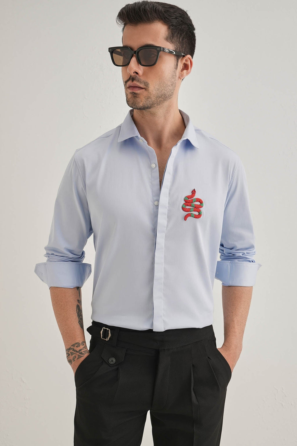Serpent(Snake)- Hand Embroidered Designer Shirt - Powder Blue