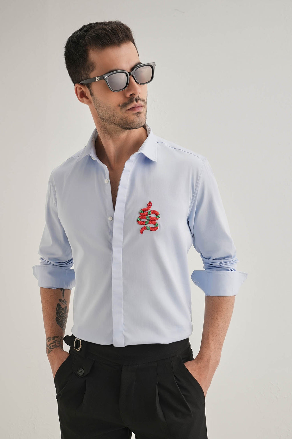 Serpent(Snake)- Hand Embroidered Designer Shirt - Powder Blue