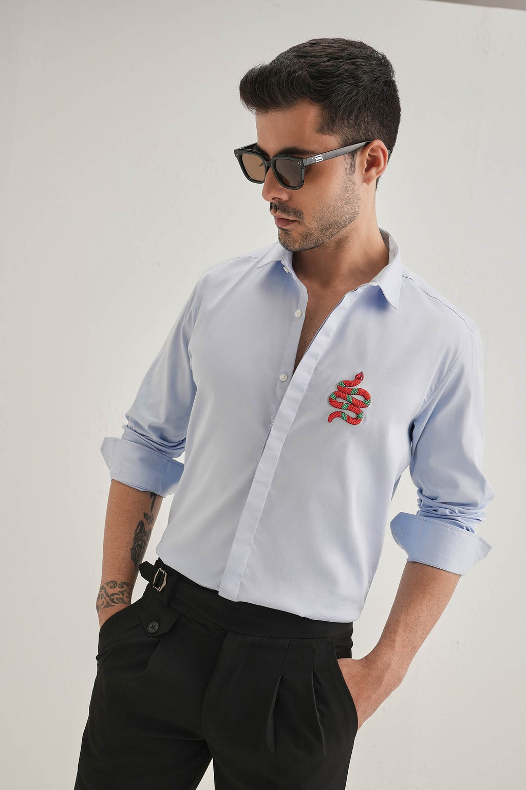 Serpent(Snake)- Hand Embroidered Designer Shirt - Powder Blue