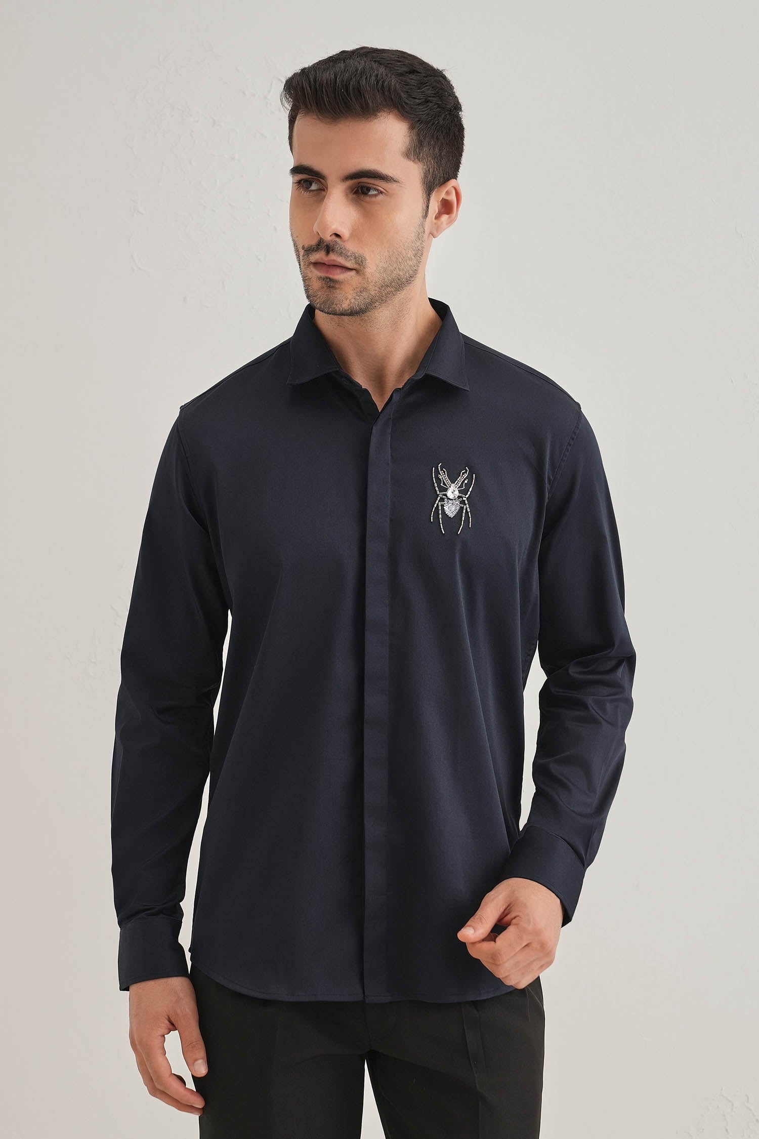 Daddy Long Legs(Spider) Hand Embroidered Designer Shirt - Navy