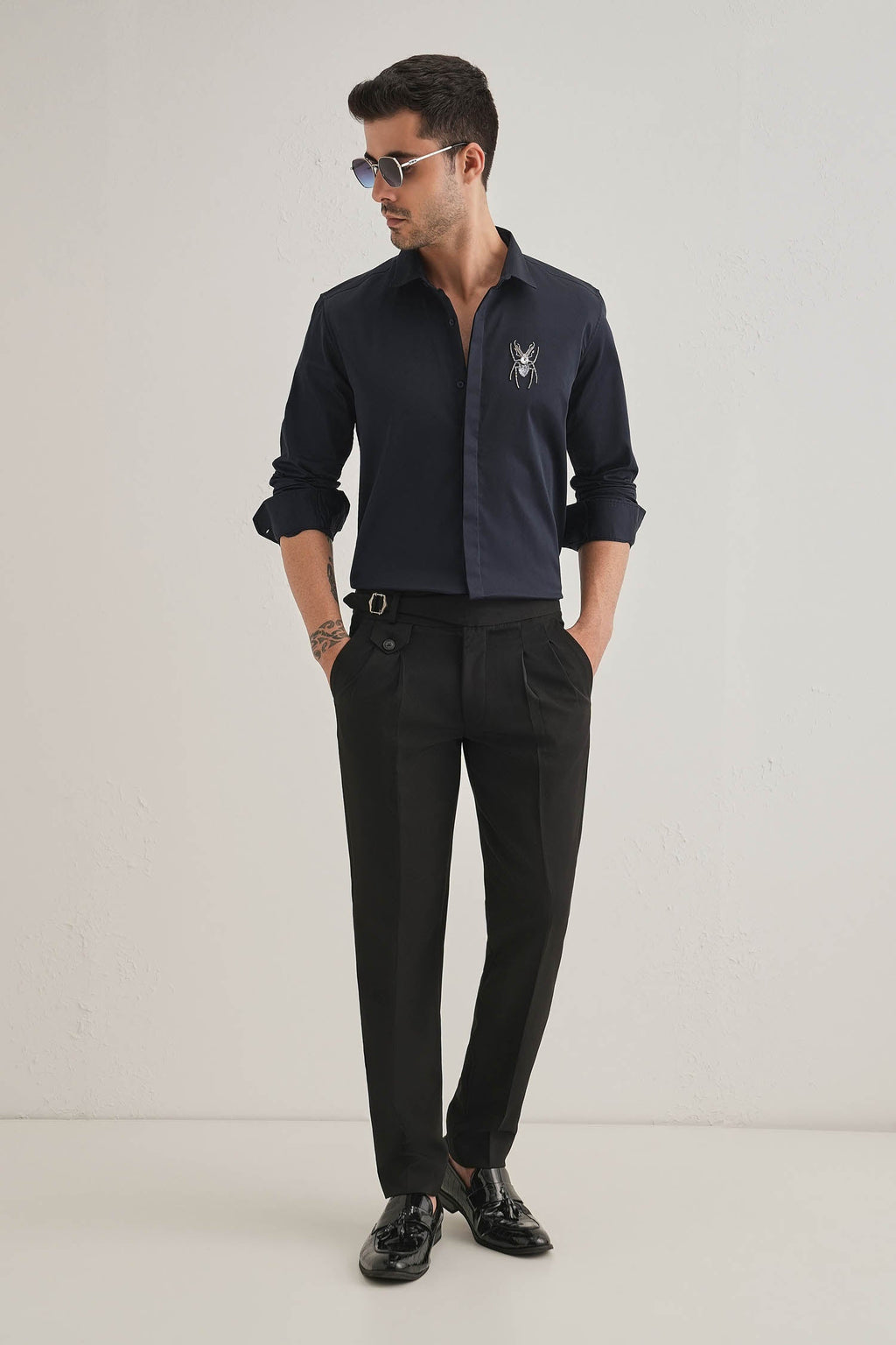 Daddy Long Legs(Spider) Hand Embroidered Designer Shirt - Navy