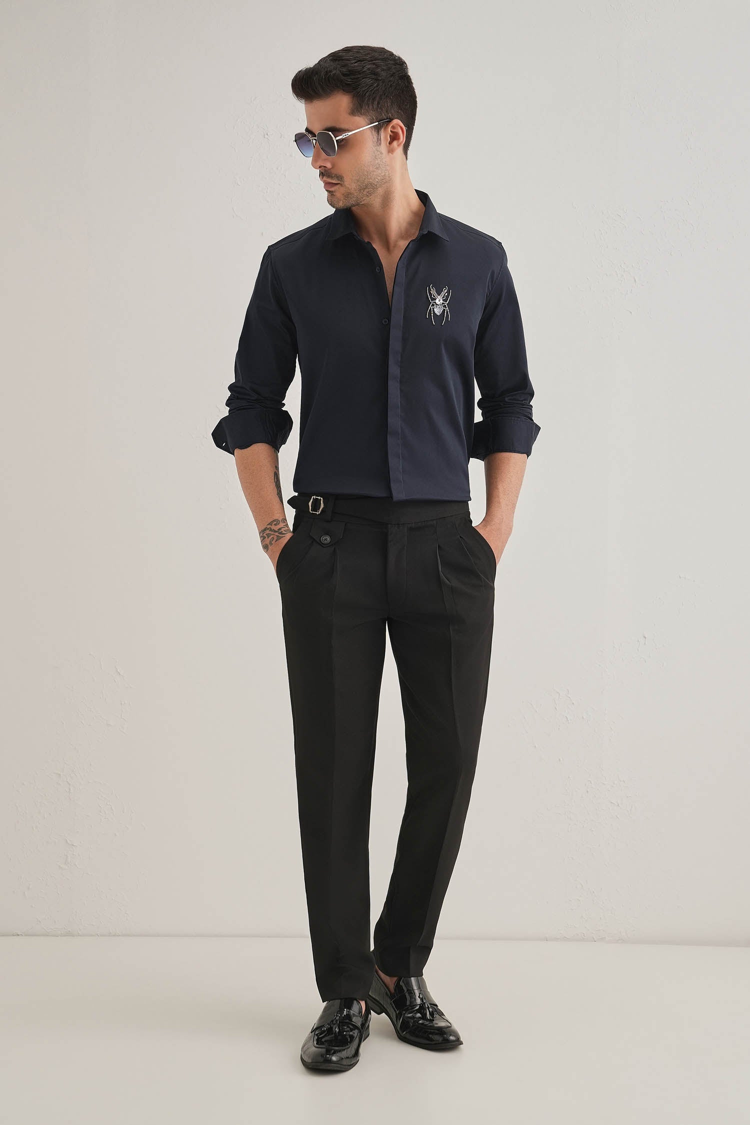 Daddy Long Legs(Spider) Hand Embroidered Designer Shirt - Navy