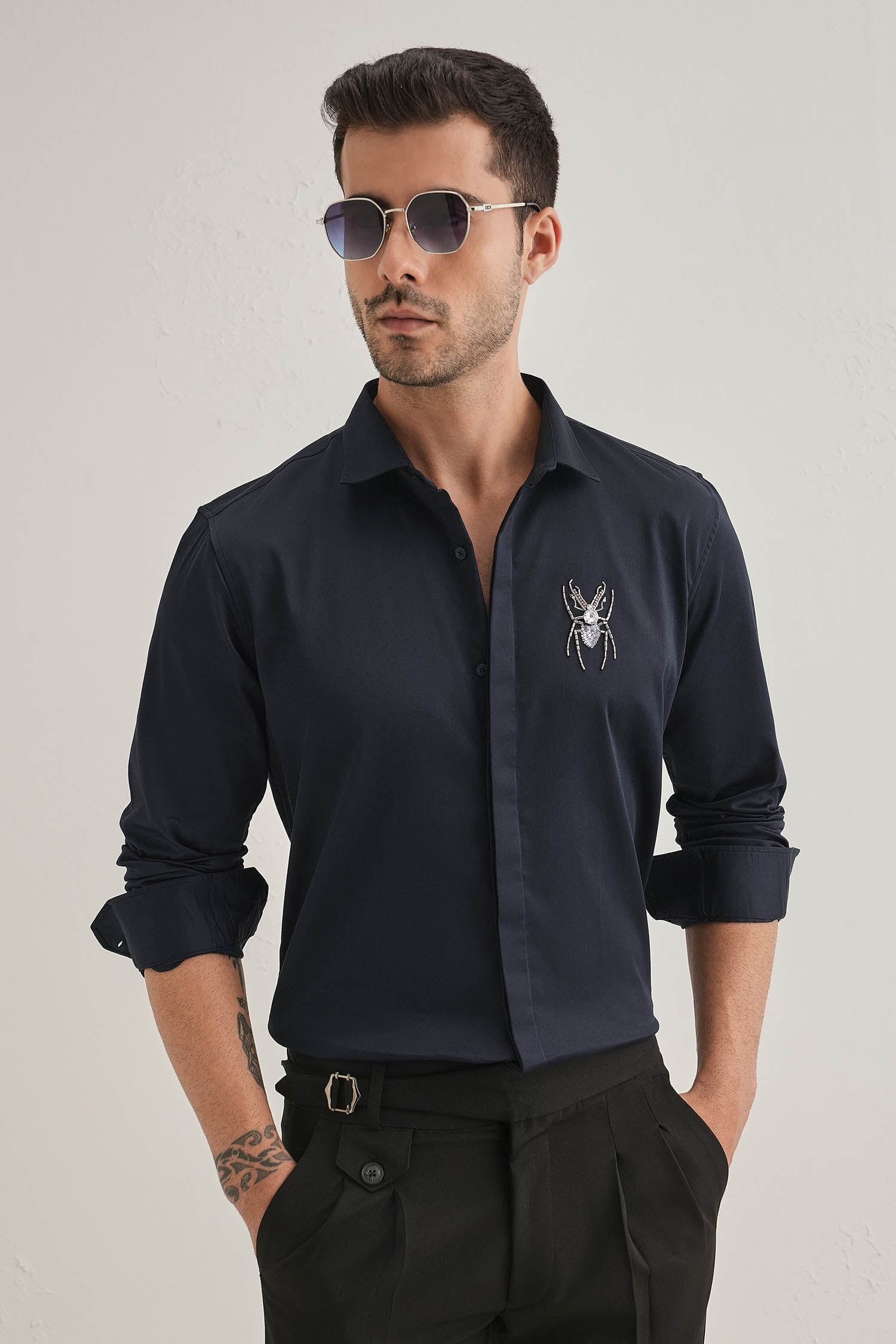 Daddy Long Legs(Spider) Hand Embroidered Designer Shirt - Navy