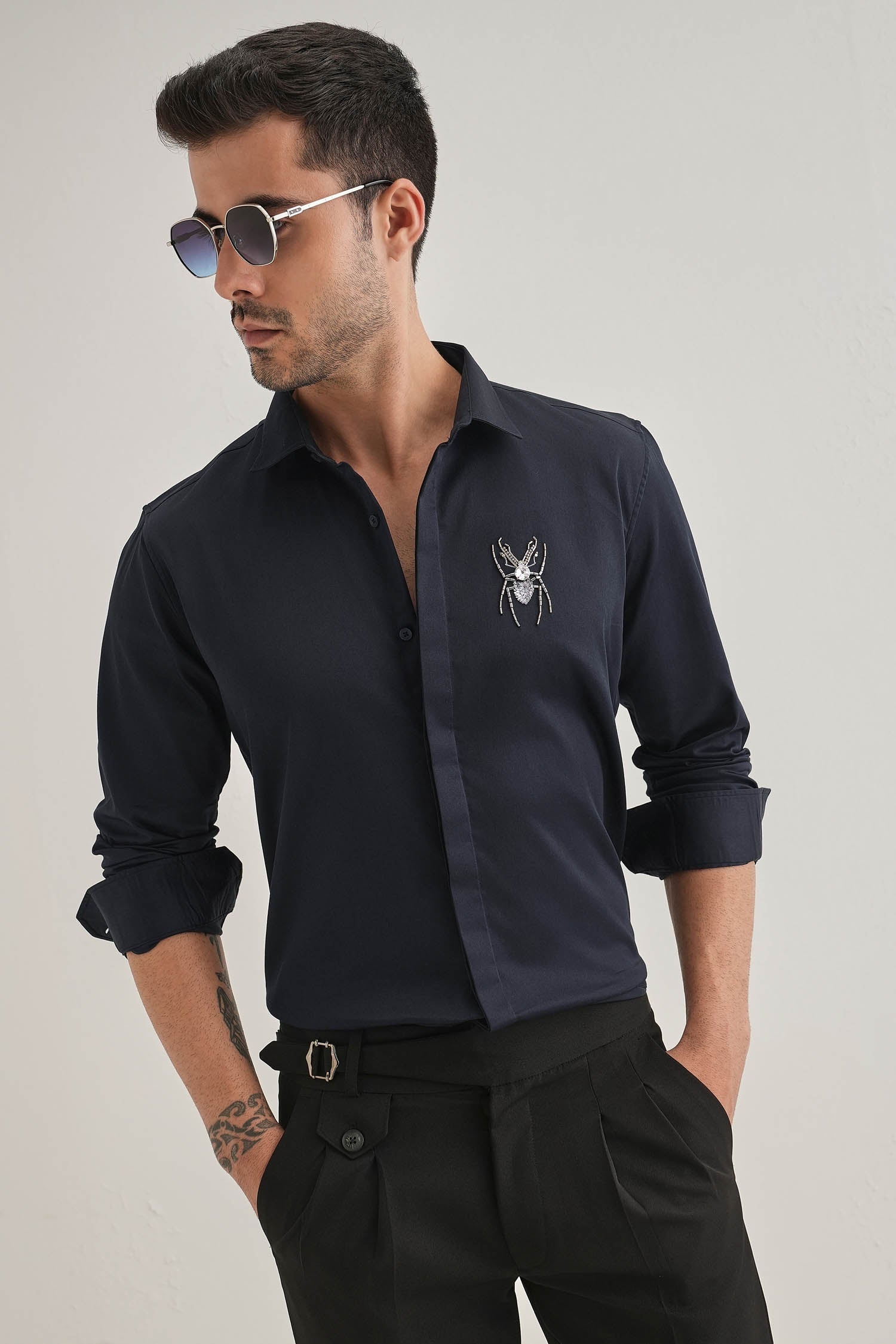 Daddy Long Legs(Spider) Hand Embroidered Designer Shirt - Navy