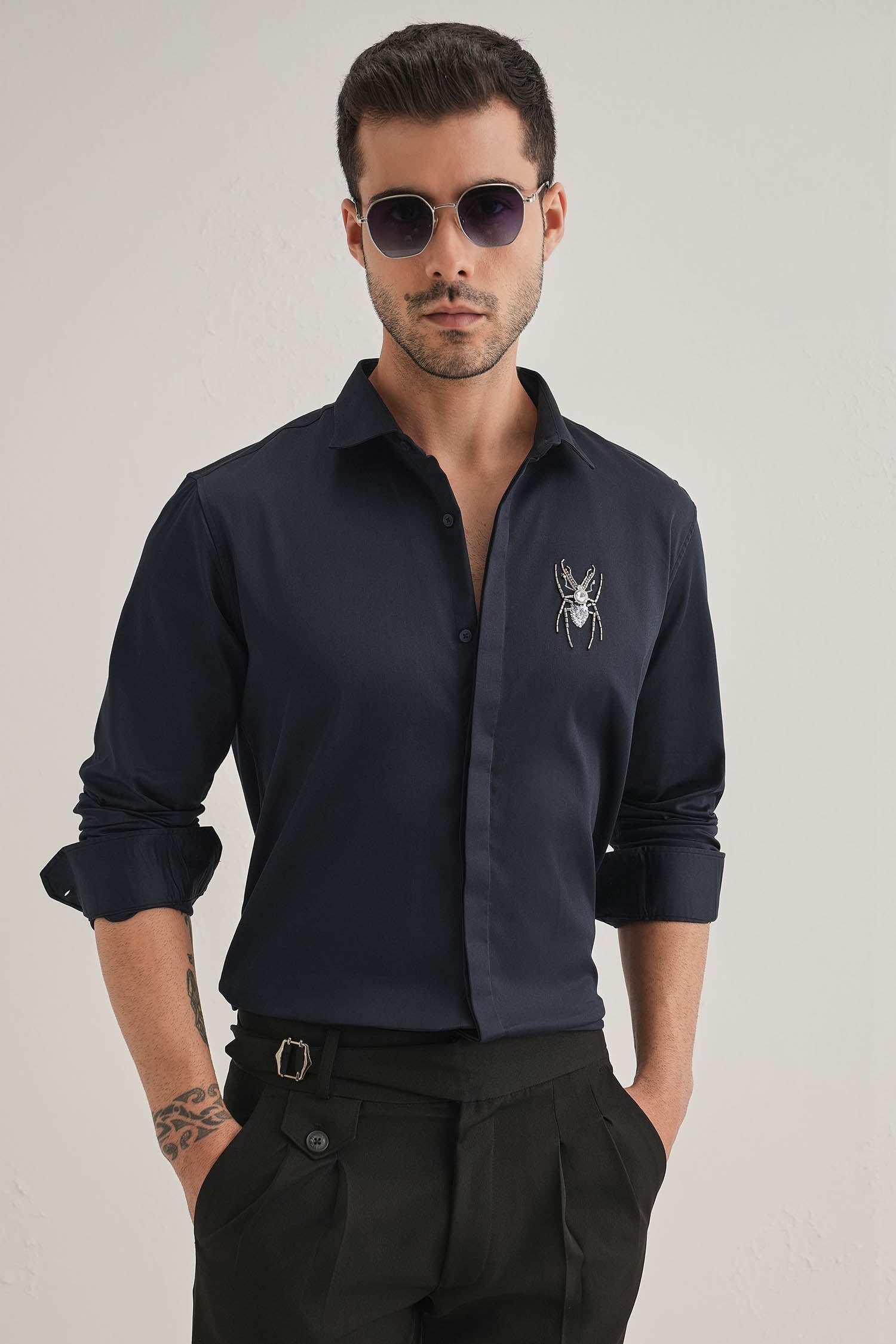 Daddy Long Legs(Spider) Hand Embroidered Designer Shirt - Navy