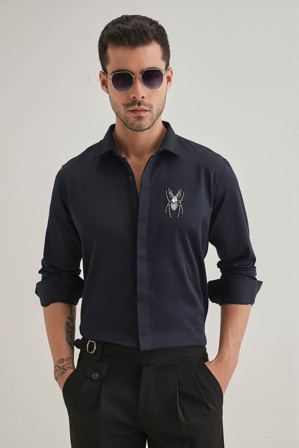 Daddy Long Legs(Spider) Hand Embroidered Designer Shirt - Navy