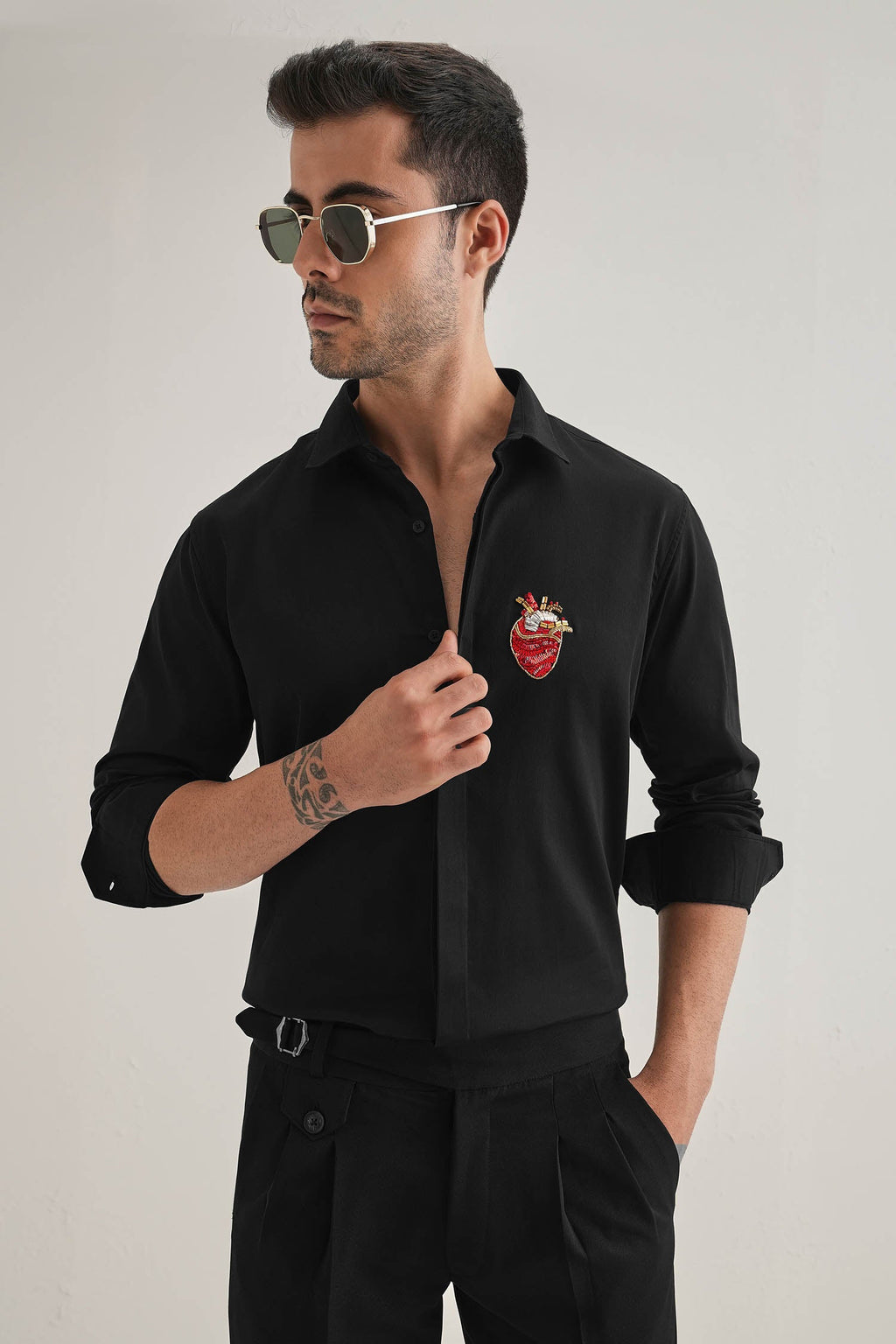 Biological Heart- Hand Embroidered Designer Shirt - Black