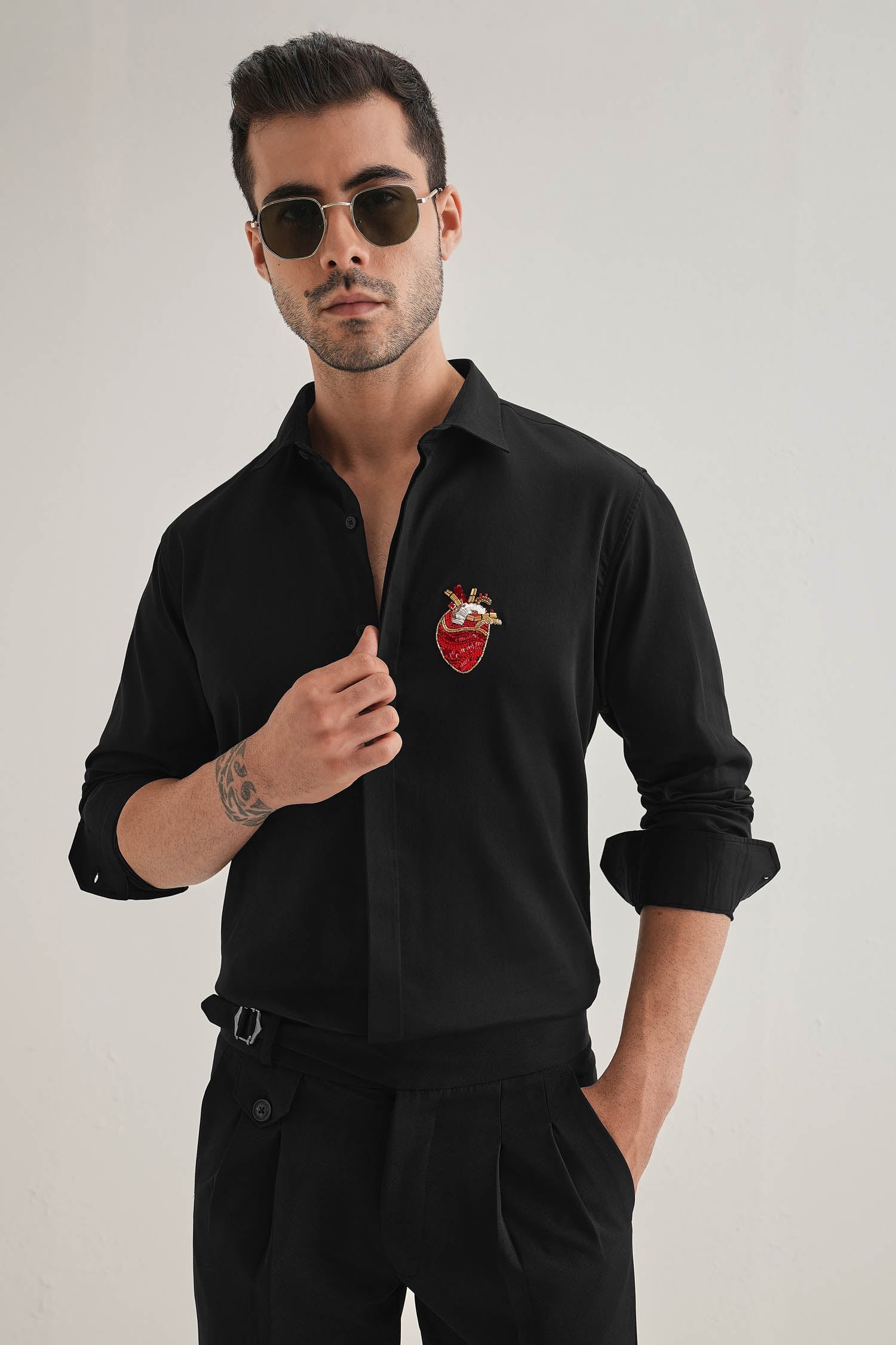 Biological Heart- Hand Embroidered Designer Shirt - Black