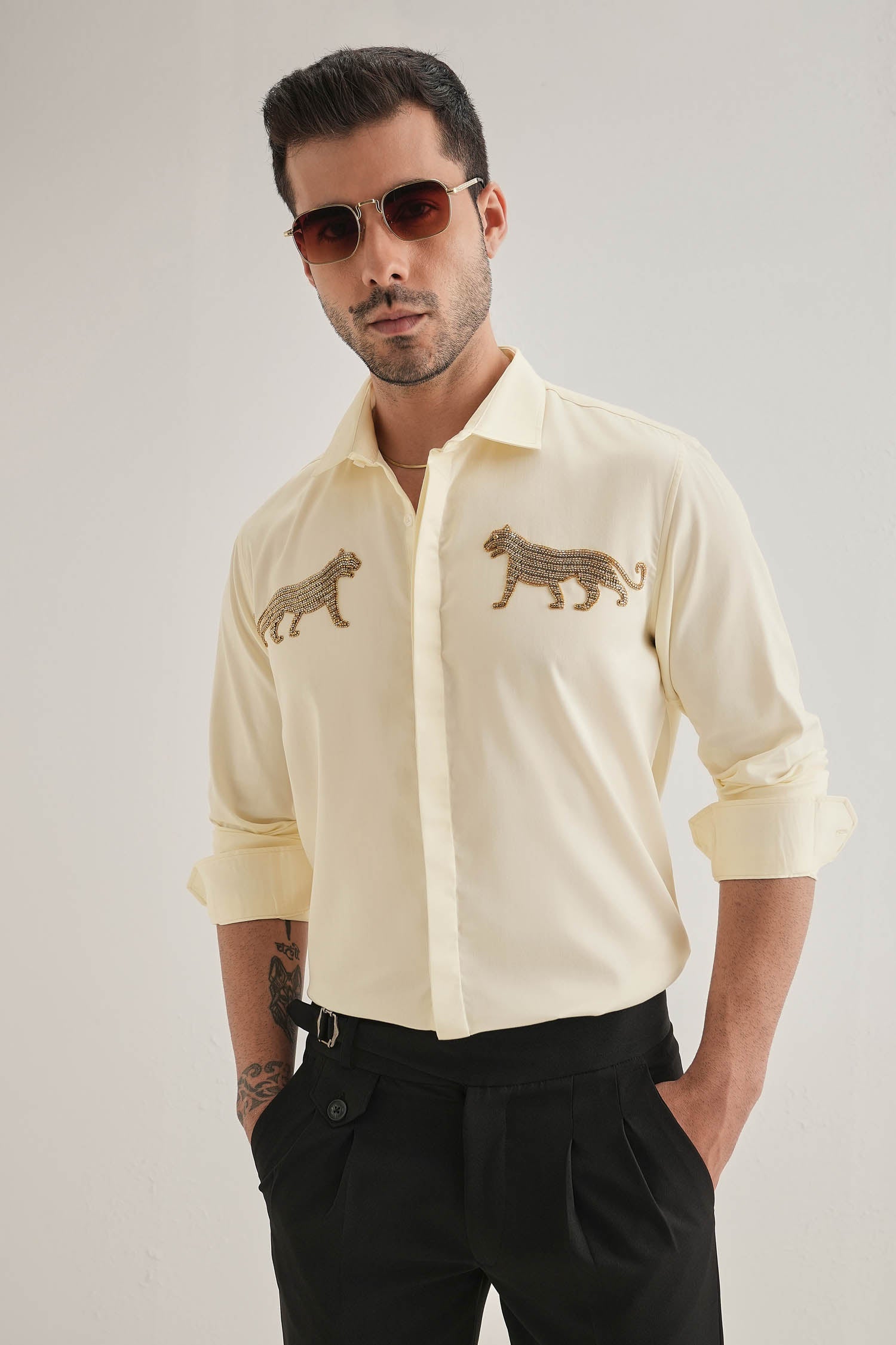 Bobcat - Hand Embroidered Designer Shirt - Ivory