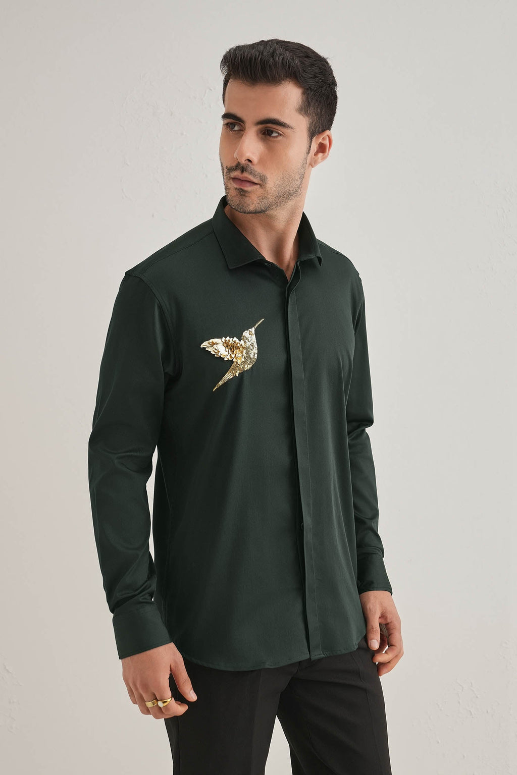 Birdie(Bird)- Hand Embroidered Designer Shirt- Bottle Green
