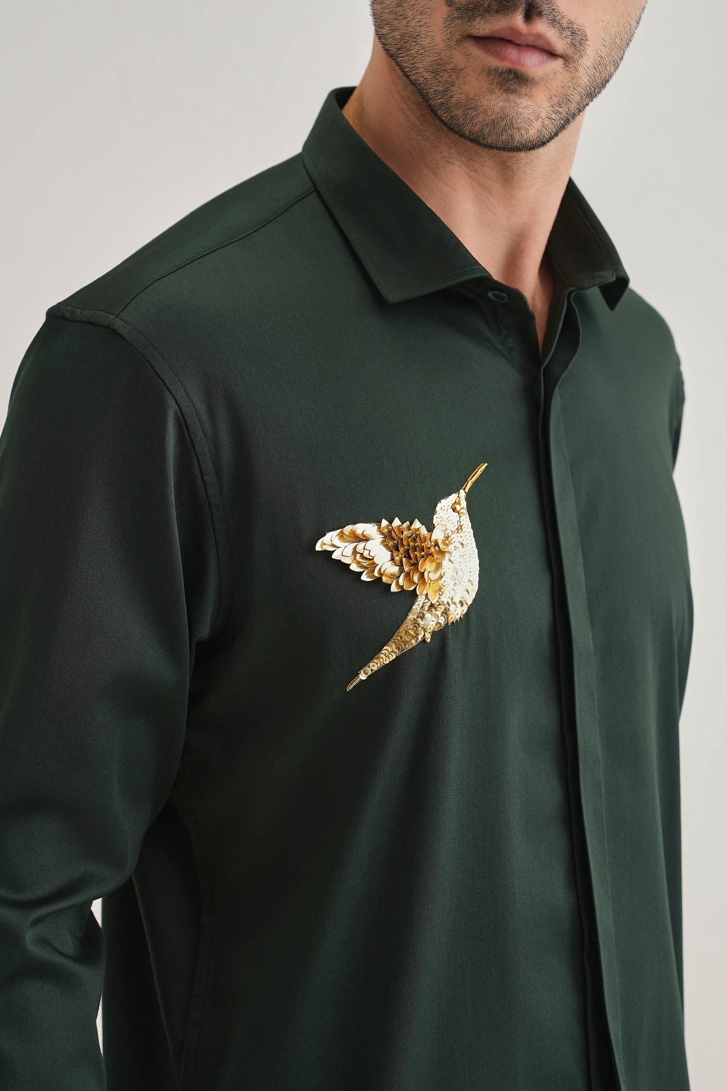 Birdie(Bird)- Hand Embroidered Designer Shirt- Bottle Green