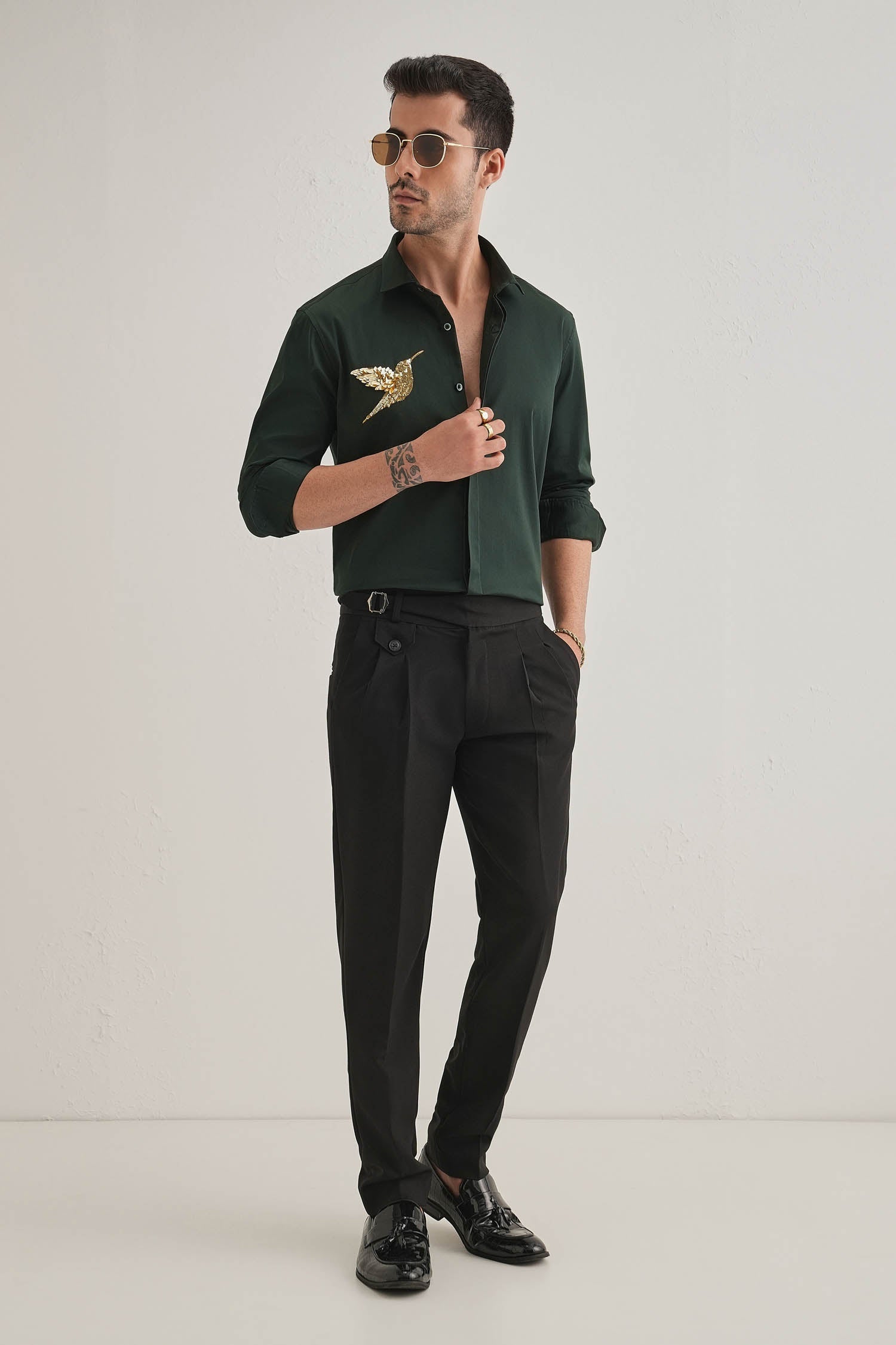 Birdie(Bird)- Hand Embroidered Designer Shirt- Bottle Green