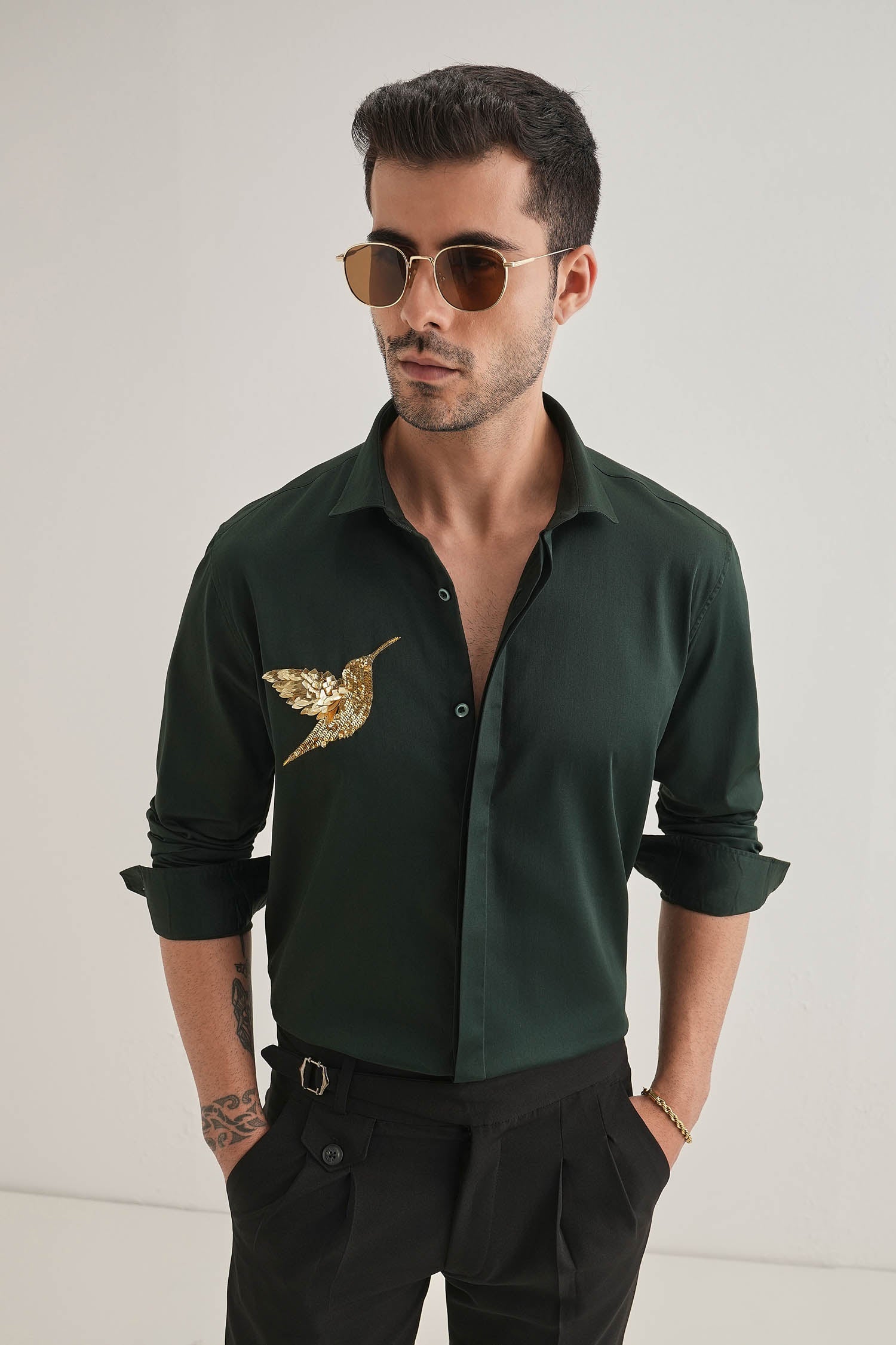 Birdie(Bird)- Hand Embroidered Designer Shirt- Bottle Green