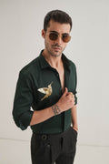 Birdie(Bird) - Hand Embroidered Designer Shirt - Bottle Green