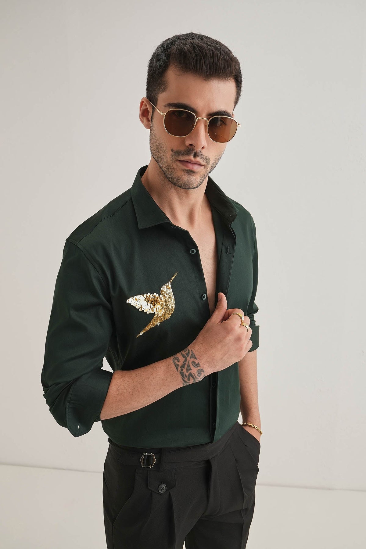 Birdie(Bird) - Hand Embroidered Designer Shirt - Bottle Green