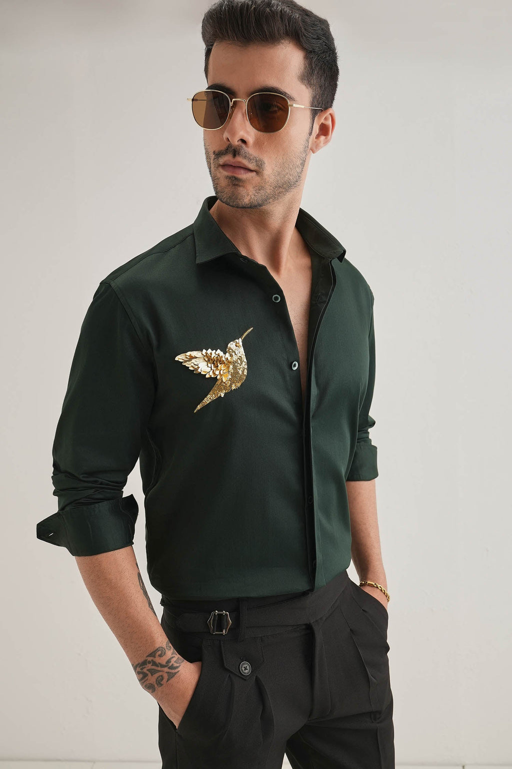 Birdie(Bird) - Hand Embroidered Designer Shirt - Bottle Green