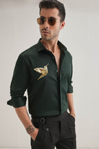 Birdie(Bird) - Hand Embroidered Designer Shirt - Bottle Green
