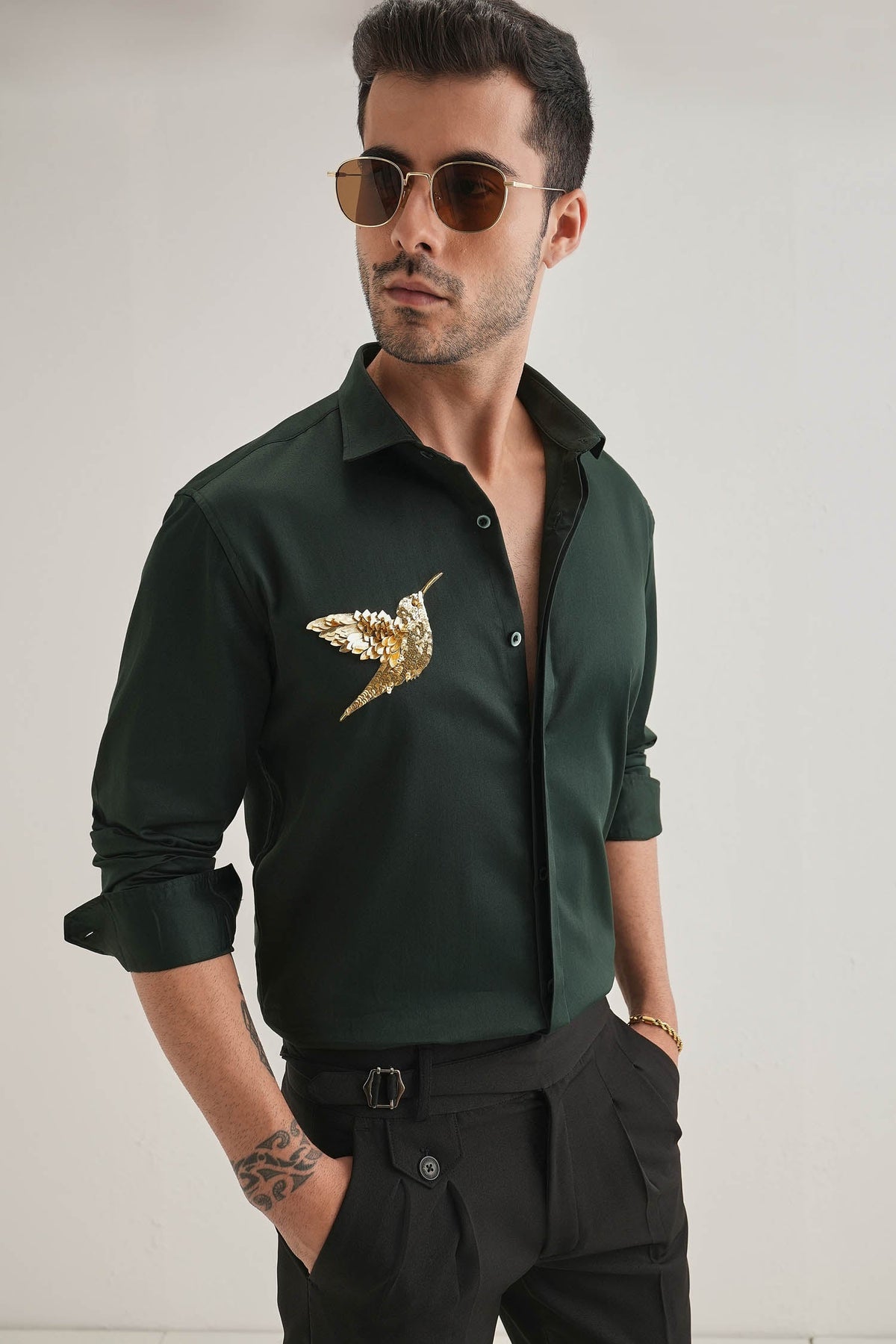 Birdie(Bird) - Hand Embroidered Designer Shirt - Bottle Green