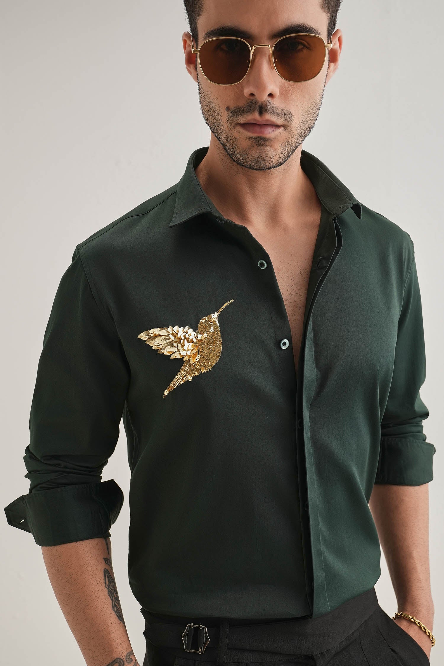 Birdie(Bird)- Hand Embroidered Designer Shirt- Bottle Green