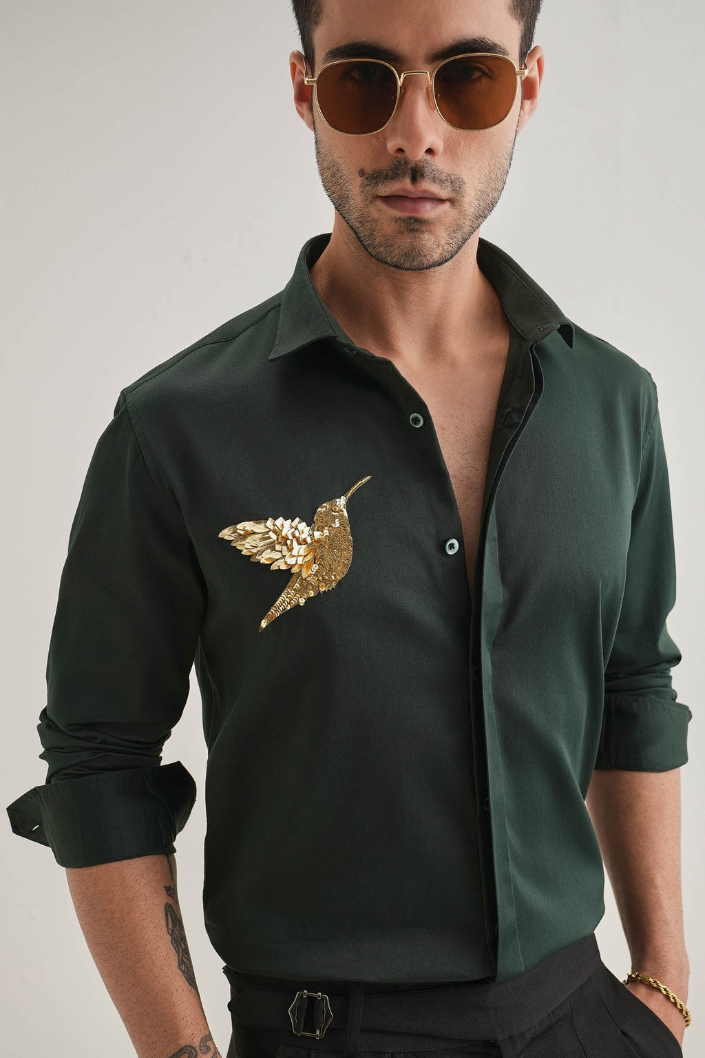 Birdie(Bird) - Hand Embroidered Designer Shirt - Bottle Green
