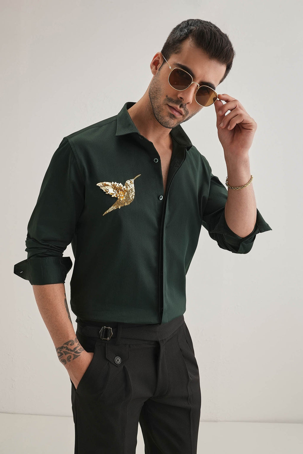 Birdie(Bird) - Hand Embroidered Designer Shirt - Bottle Green