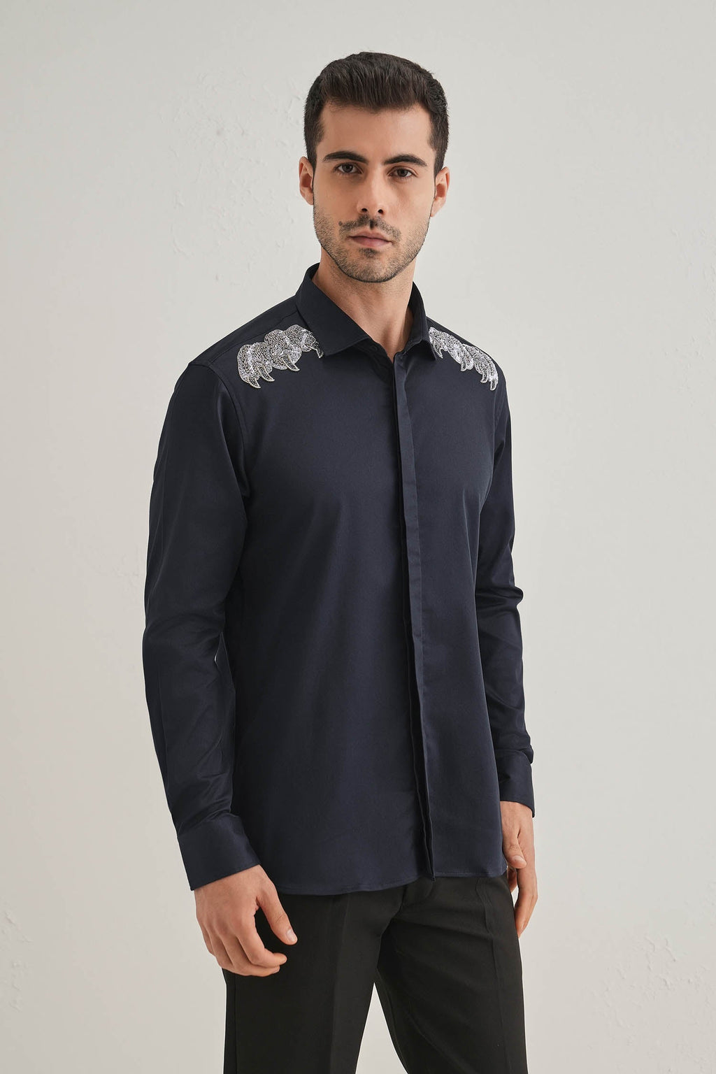 Paws Hand Embroidered Designer Shirt - Navy