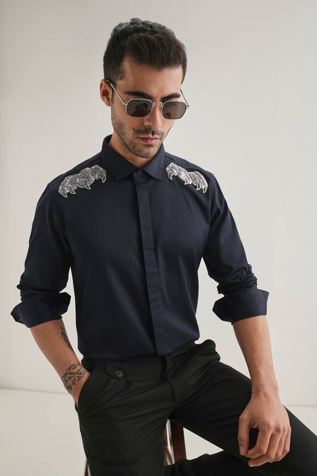 Paws Hand Embroidered Designer Shirt - Navy