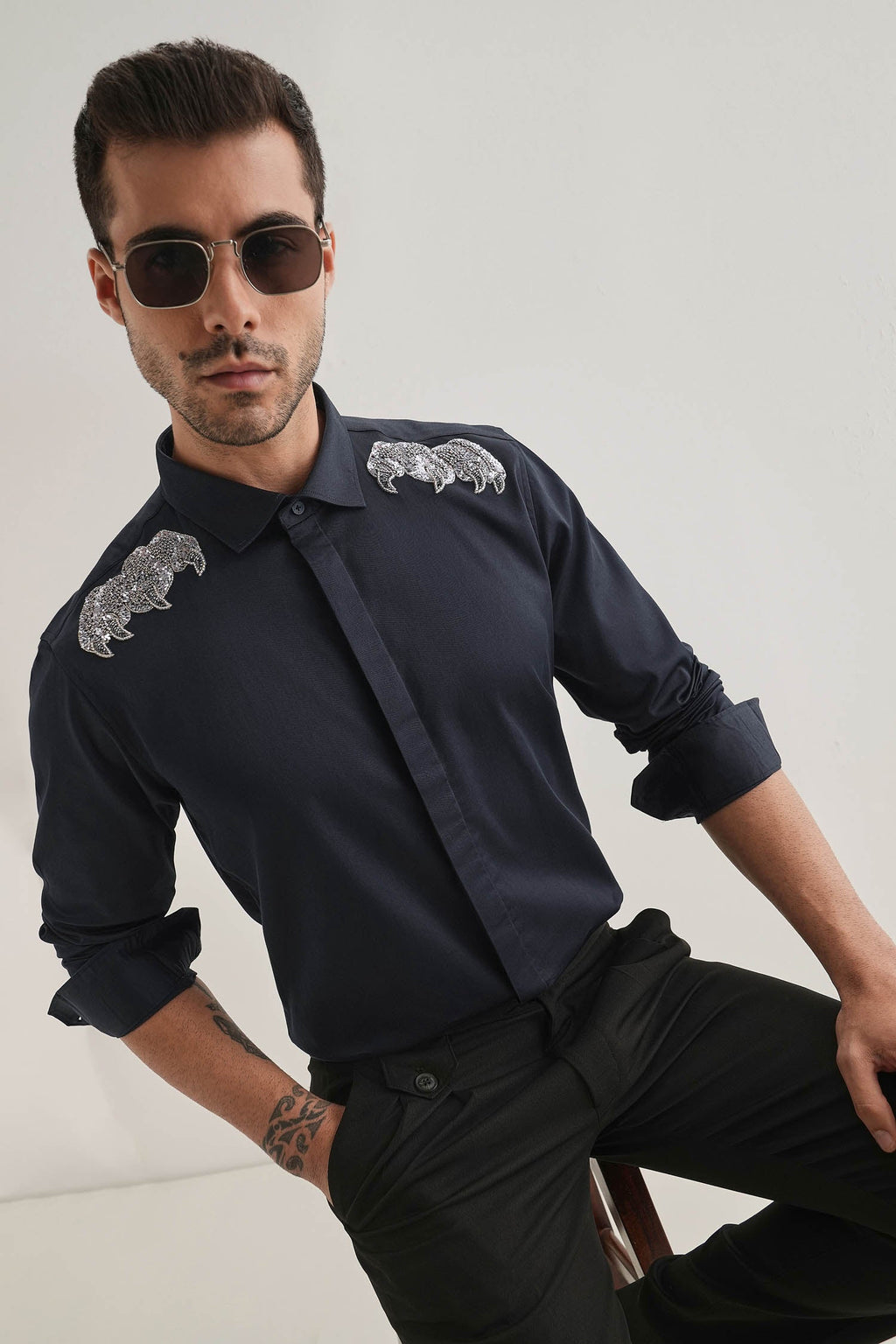 Paws Hand Embroidered Designer Shirt - Navy