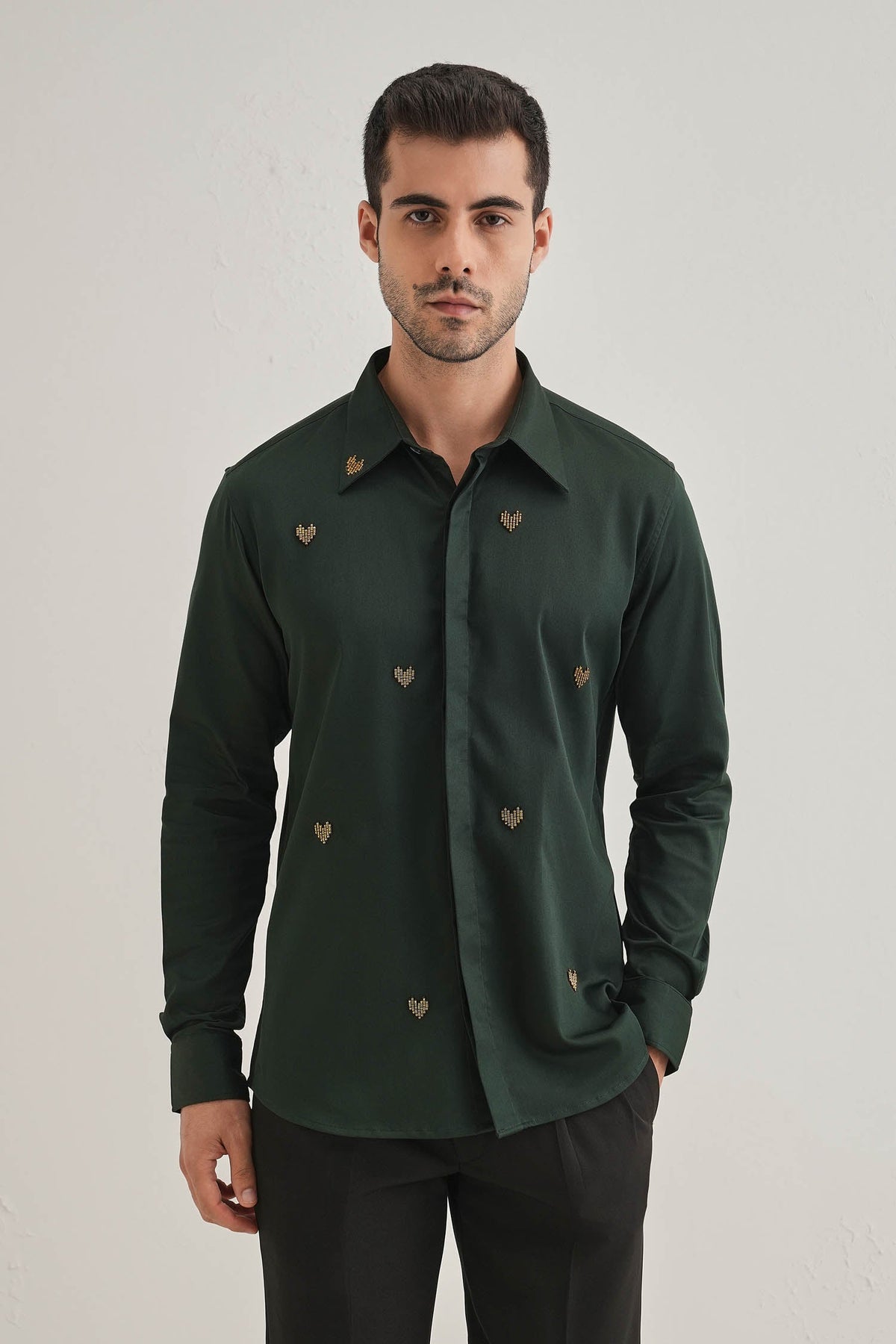 Little Heart - Hand Embroidered Designer Shirt - Bottle Green