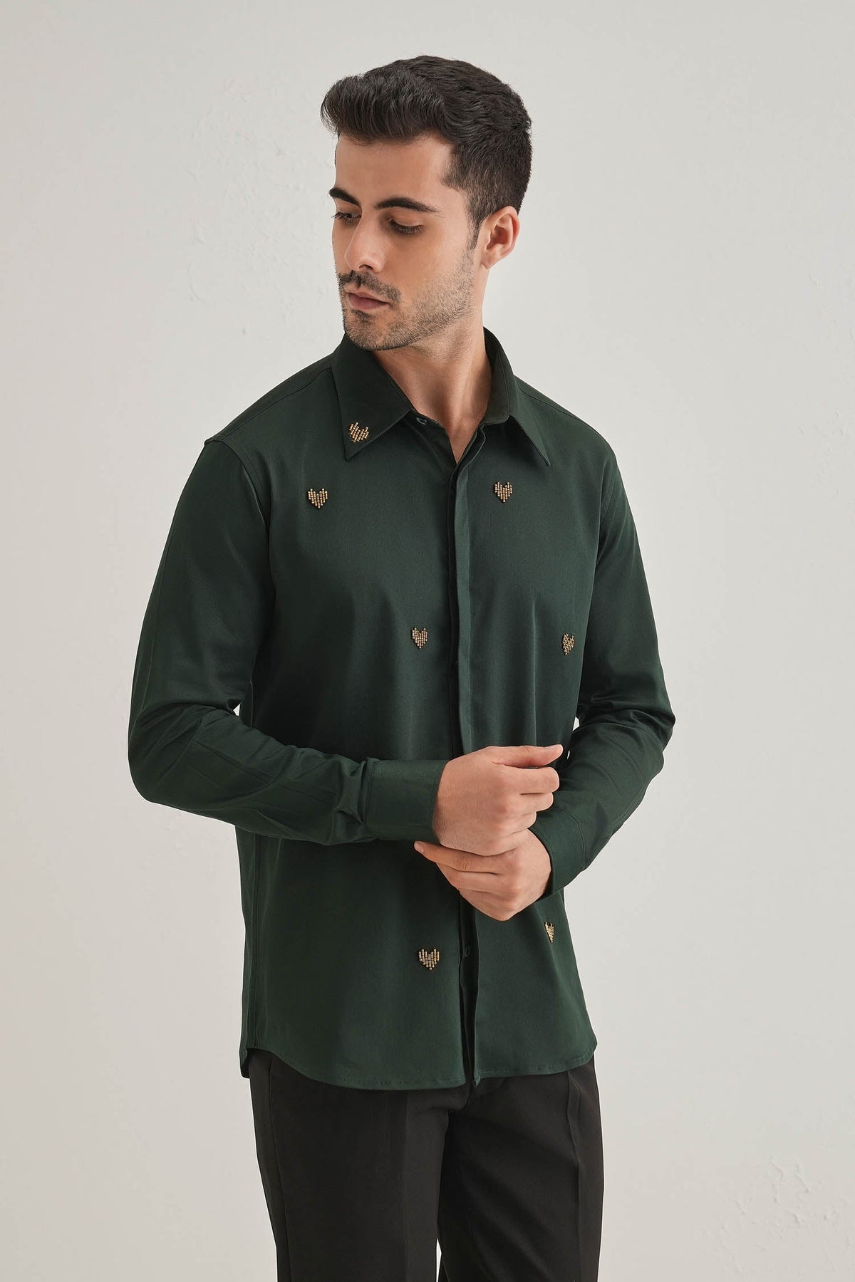 Little Heart - Hand Embroidered Designer Shirt - Bottle Green