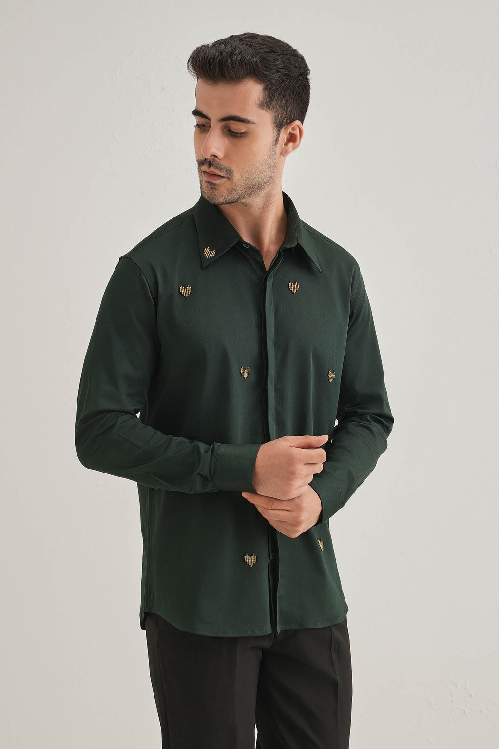 Little Heart Hand Embroidered Designer Shirt - Bottle Green