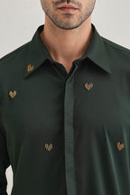 Little Heart Hand Embroidered Designer Shirt - Bottle Green