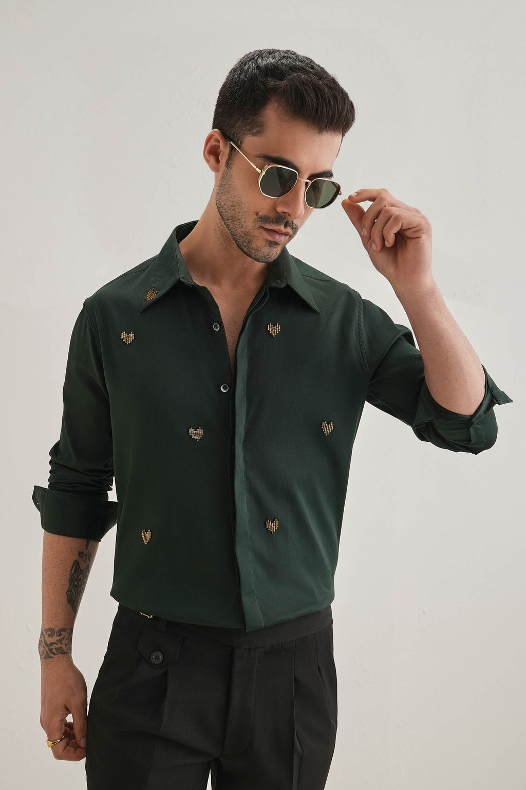 Little Heart Hand Embroidered Designer Shirt - Bottle Green