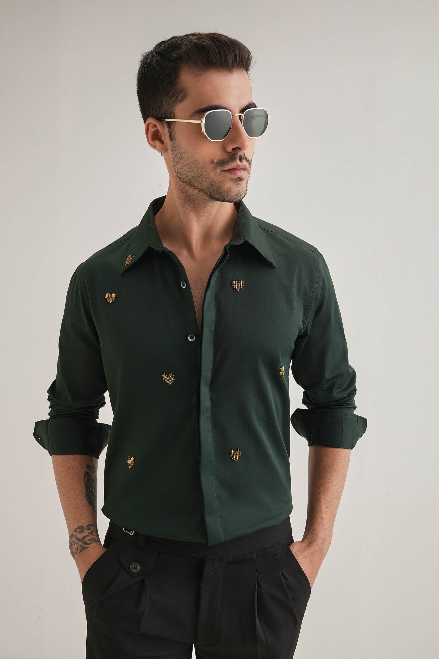 Little Heart Hand Embroidered Designer Shirt - Bottle Green