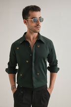 Little Heart Hand Embroidered Designer Shirt - Bottle Green