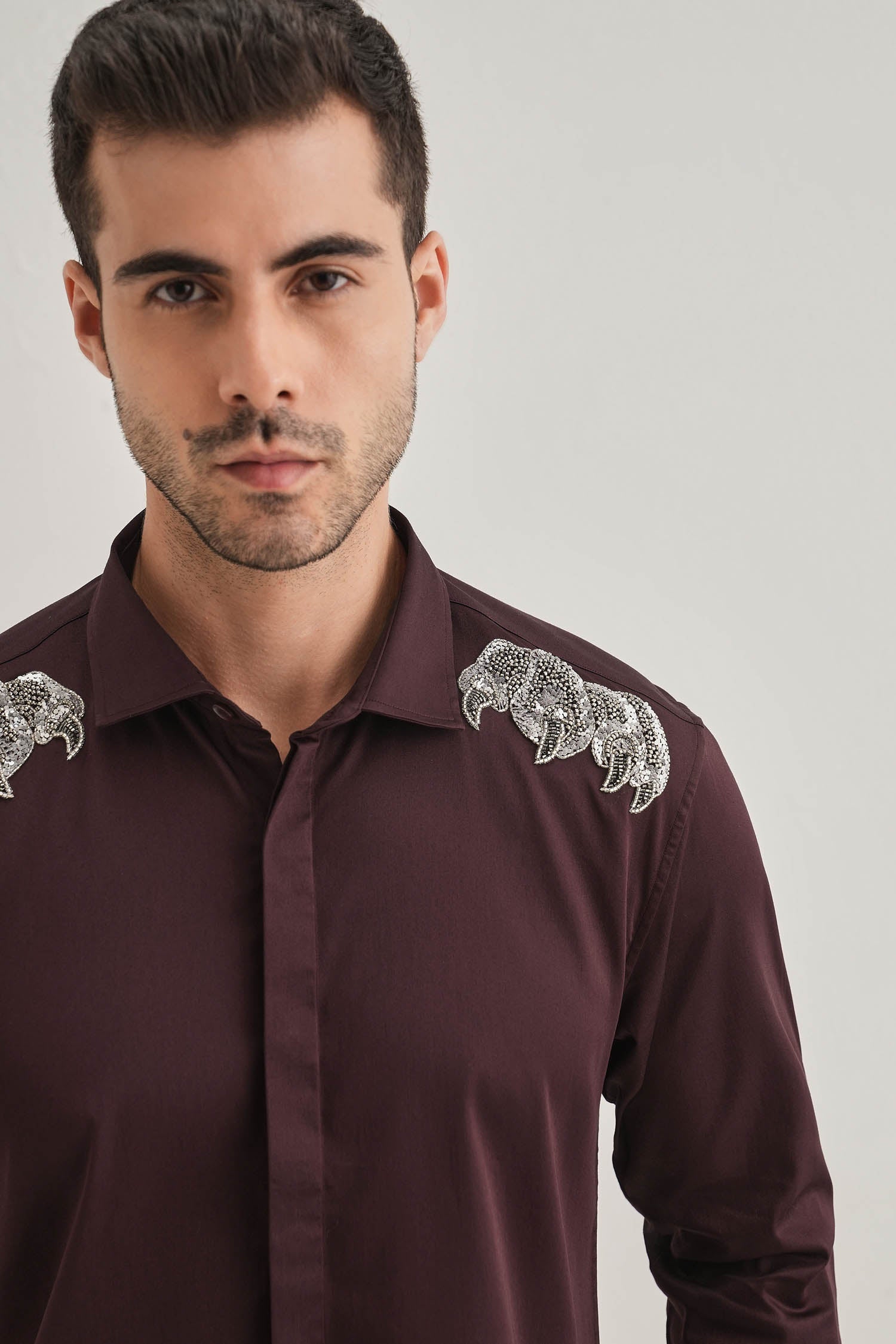 Paws Hand Embroidered Designer Shirt - Wine