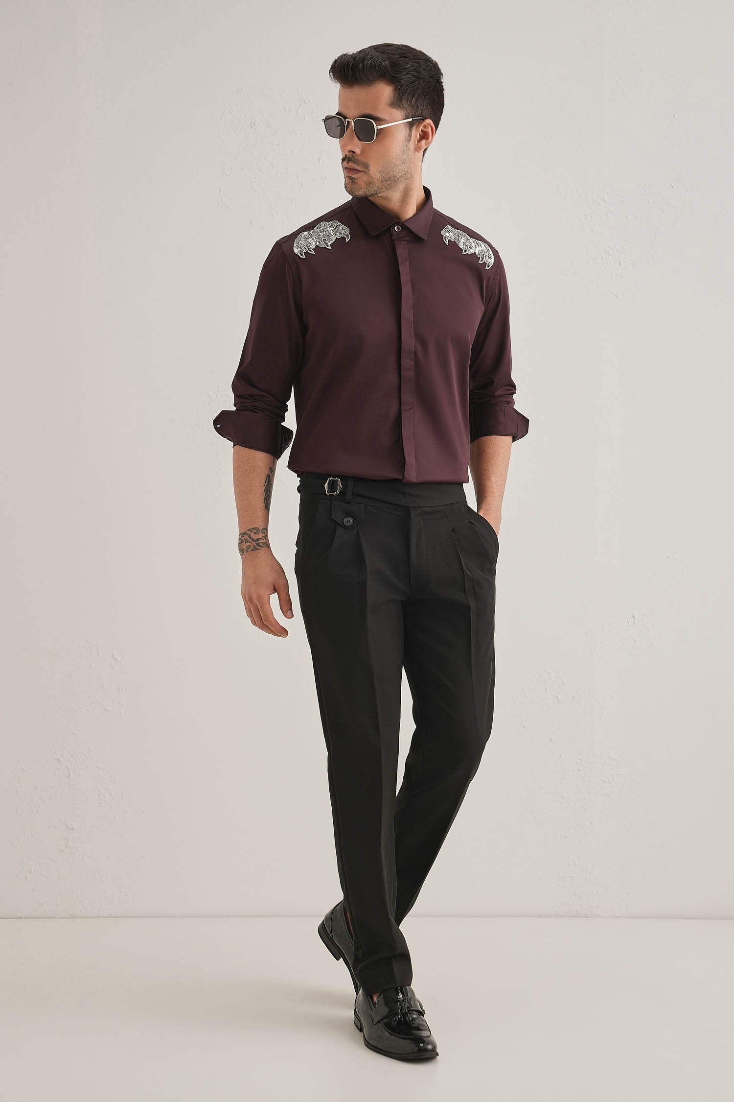Paws Hand Embroidered Designer Shirt - Wine